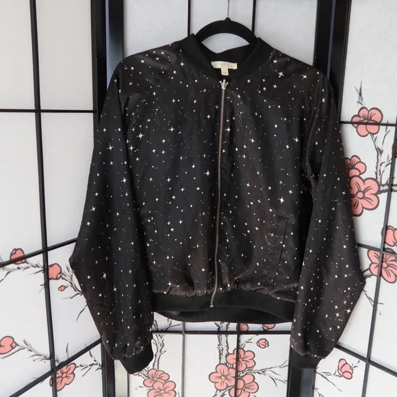 love, Fire Midnight Star Black Bomber Jacket Size Large - Picture 2 of 11